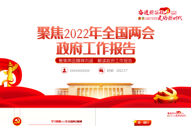 2022全国两会政府工作报告PPT红色党政风学习解读两会精神内涵专题课件模板