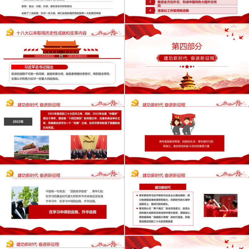 青春献礼二十大强国有我新征程PPT红色大气风2022年迎接学习宣传党的二十大主题宣传教育课件模板