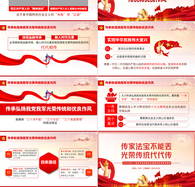 传家法宝不能丢光荣传统代代传PPT党建风2022年八一建军节军队部队主题教育党课培训课件模板